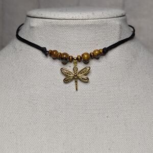 Brown Ceramic Beaded Gold Dragonfly Charm Boho Hippie Choker Stacking Necklace